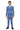 A man dressed in the "Christmas Suit Blue Nordic" by Suitmeister, featuring a festive blue design with white and red holiday patterns of snowflakes and reindeer, complemented by a white shirt and blue tie, standing against a plain white background.