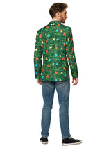 A man stands wearing the Suitmeister Christmas Green Tree Jacket Light Up, Blazer with light, which features vibrant holiday designs, paired with a white shirt, jeans, and black sneakers. He has short brown hair and a slight smile, with his hands by his sides against a white background. View from the back.