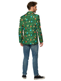 A man stands wearing the Suitmeister Christmas Green Tree Jacket Light Up, Blazer with light, which features vibrant holiday designs, paired with a white shirt, jeans, and black sneakers. He has short brown hair and a slight smile, with his hands by his sides against a white background. View from the back.