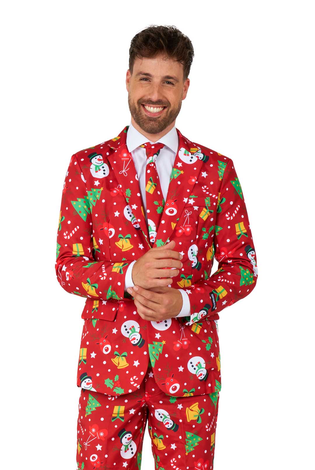 A man wearing the Suitmeister "Christmas Red Icons - Light Up" suit, featuring festive patterns of snowmen, snowflakes, and Christmas trees, is paired with a white shirt and red tie against a white background.