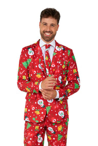 A man wearing the Suitmeister "Christmas Red Icons - Light Up" suit, featuring festive patterns of snowmen, snowflakes, and Christmas trees, is paired with a white shirt and red tie against a white background.