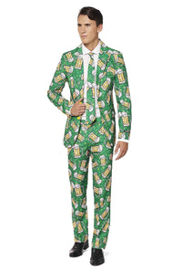 A person dressed in the Suitmeister Beer Suit, featuring a vibrant green pattern of beer mugs perfect for a festive or themed occasion. The ensemble includes a matching tie and white shirt, complemented by black shoes.