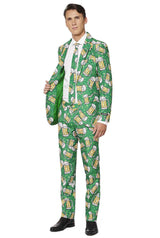 A man models the Suitmeister Beer Suit, featuring a vibrant green design with a playful beer mug pattern. He's styled with a white shirt and tie, holding open one side of his jacket against a plain white background.
