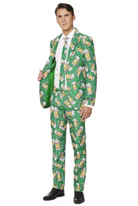 A man models the Suitmeister Beer Suit, featuring a vibrant green design with a playful beer mug pattern. He's styled with a white shirt and tie, holding open one side of his jacket against a plain white background.