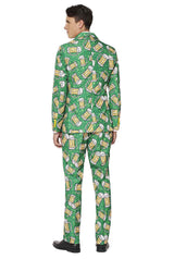 A man stands facing away, wearing the Beer Suit by Suitmeister, featuring a bright green design adorned with a pattern of beer mugs.