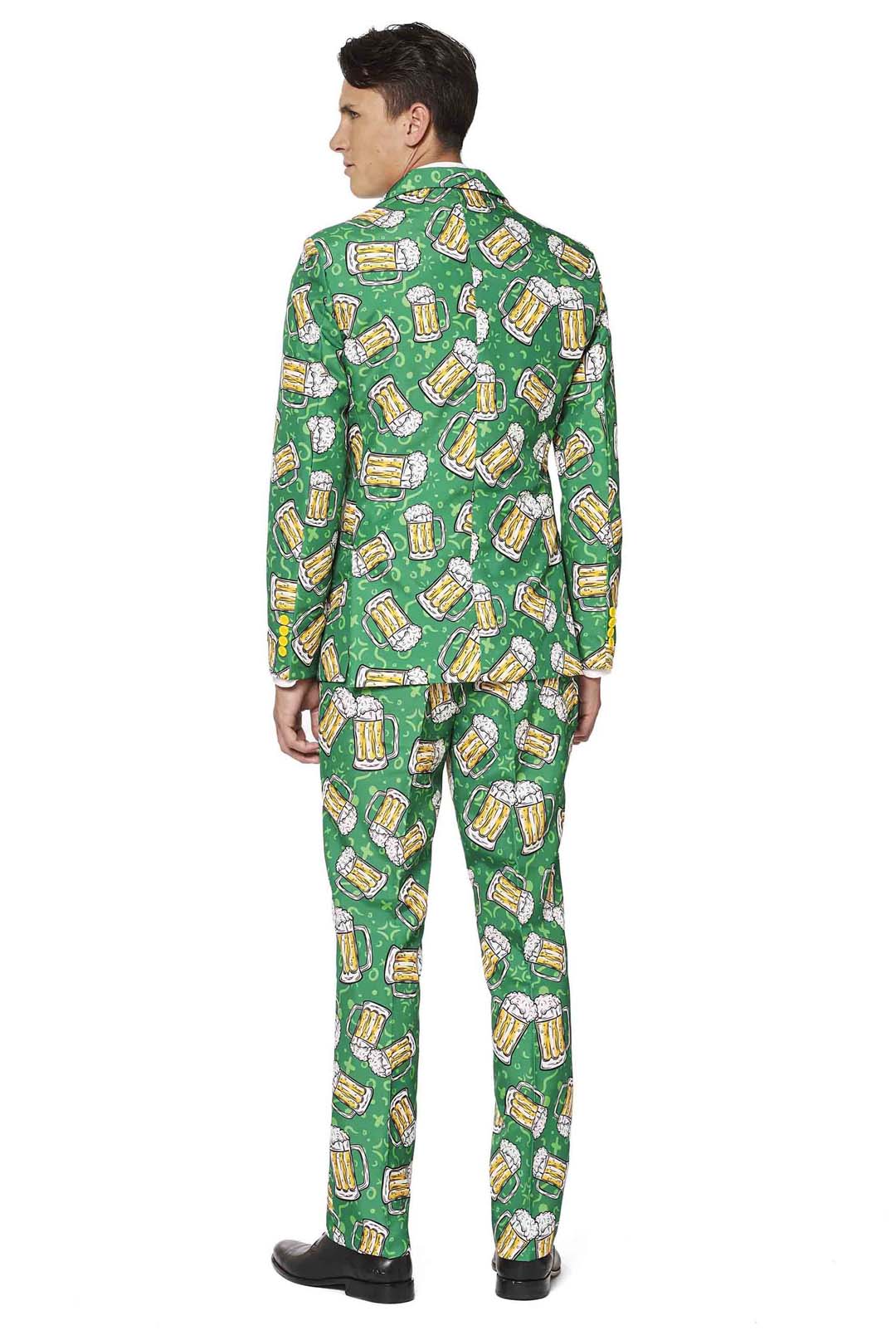 A man stands facing away, wearing the Beer Suit by Suitmeister, featuring a bright green design adorned with a pattern of beer mugs.