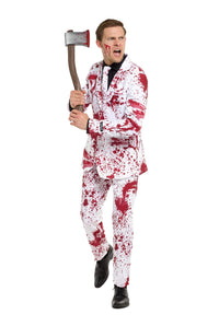 A person wearing the Suitmeister Bloody Suit White, adorned with red patterns reminiscent of blood splatters, is holding a toy axe and making an expressive face while looking to the side. The tie and entire outfit are covered in these striking designs.