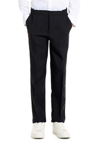 A young person with long hair, smiling, is wearing Suitmeisters Solid Black suit paired with a white shirt and black tie, standing against a white background.