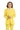A child with a joyful expression and curly hair is wearing the Solid Yellow suit by Suitmeister, complete with a matching tie, set against a white background.