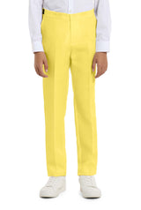 A child with a joyful expression and curly hair is wearing the Solid Yellow suit by Suitmeister, complete with a matching tie, set against a white background.