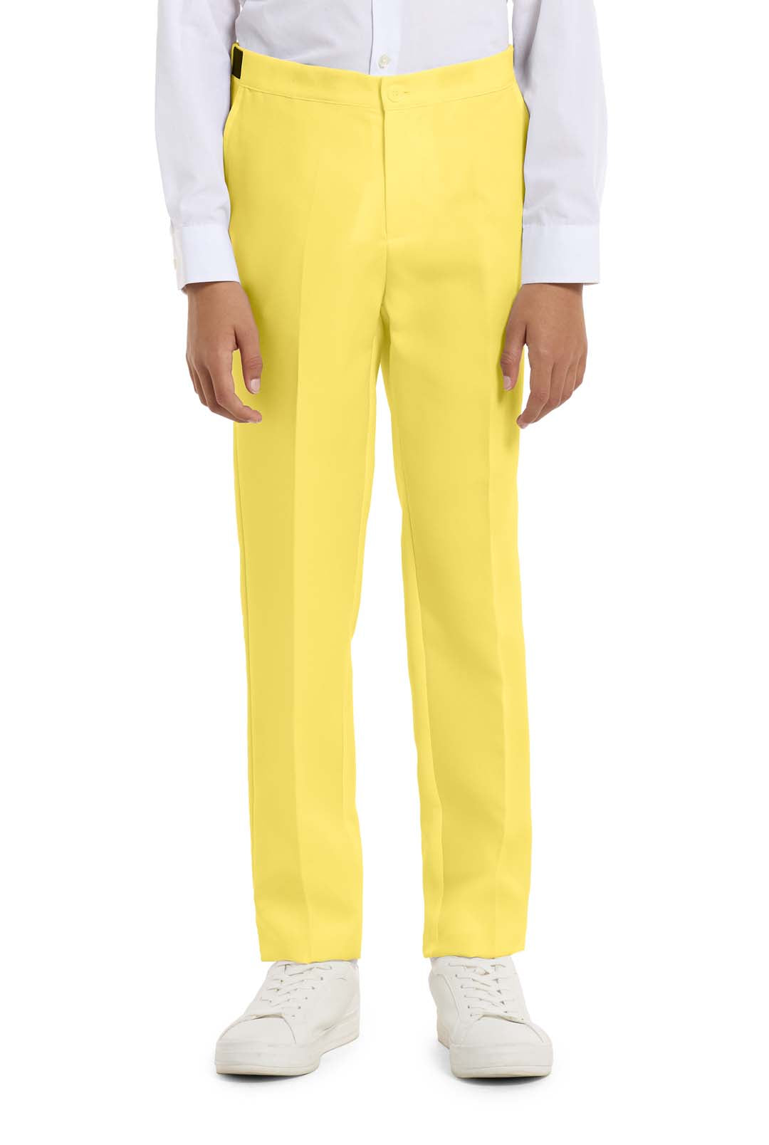 A child with a joyful expression and curly hair is wearing the Solid Yellow suit by Suitmeister, complete with a matching tie, set against a white background.
