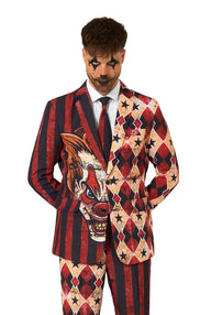 Close-up of scary clown Halloween suit for men with half-striped and half-diamond pattern design, featuring a creepy clown face print on the jacket.