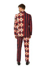 Back view of red scary clown costume suit with asymmetrical striped and star-diamond patterns, perfect Halloween outfit for men.
