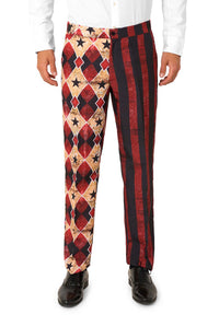 Close-up of scary clown Halloween pants for men with split design in red-black stripes and star-diamond patterns, matching clown blazer available