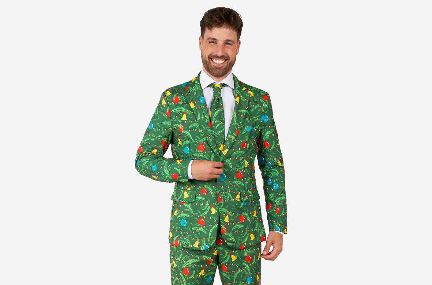 Image with white background and man wearing green Christmas suit with lights.